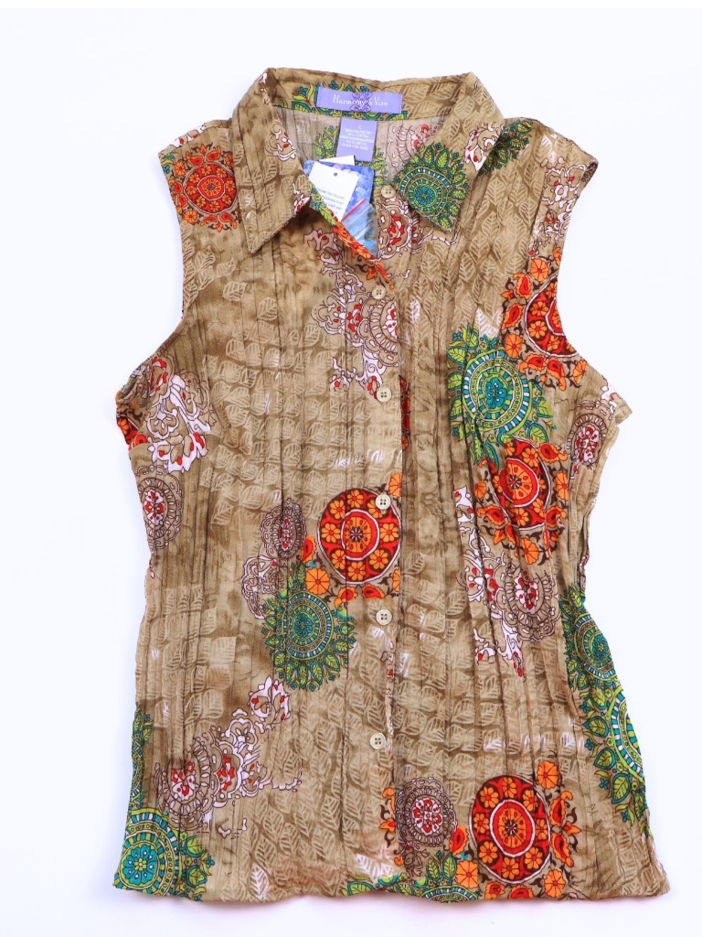 NWT Harmony & Vine Printed Tank Top Size L Boho Chic Sleeveless Blouse
